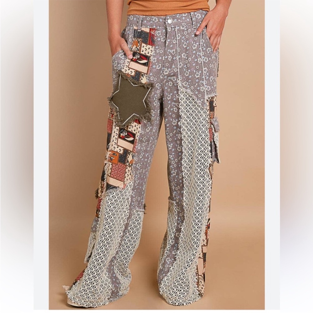 POL Patchwork Wide-Leg Pants in Gray with Cream Lace